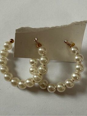 Cottagecore Vintage Gold & Imitation Pearl Hoop Earrings, Cream Pearl Hoop